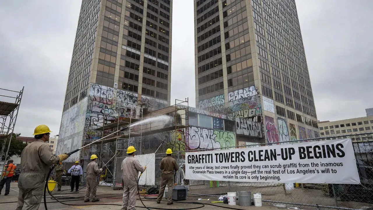 Graffiti towers clean-up begins
