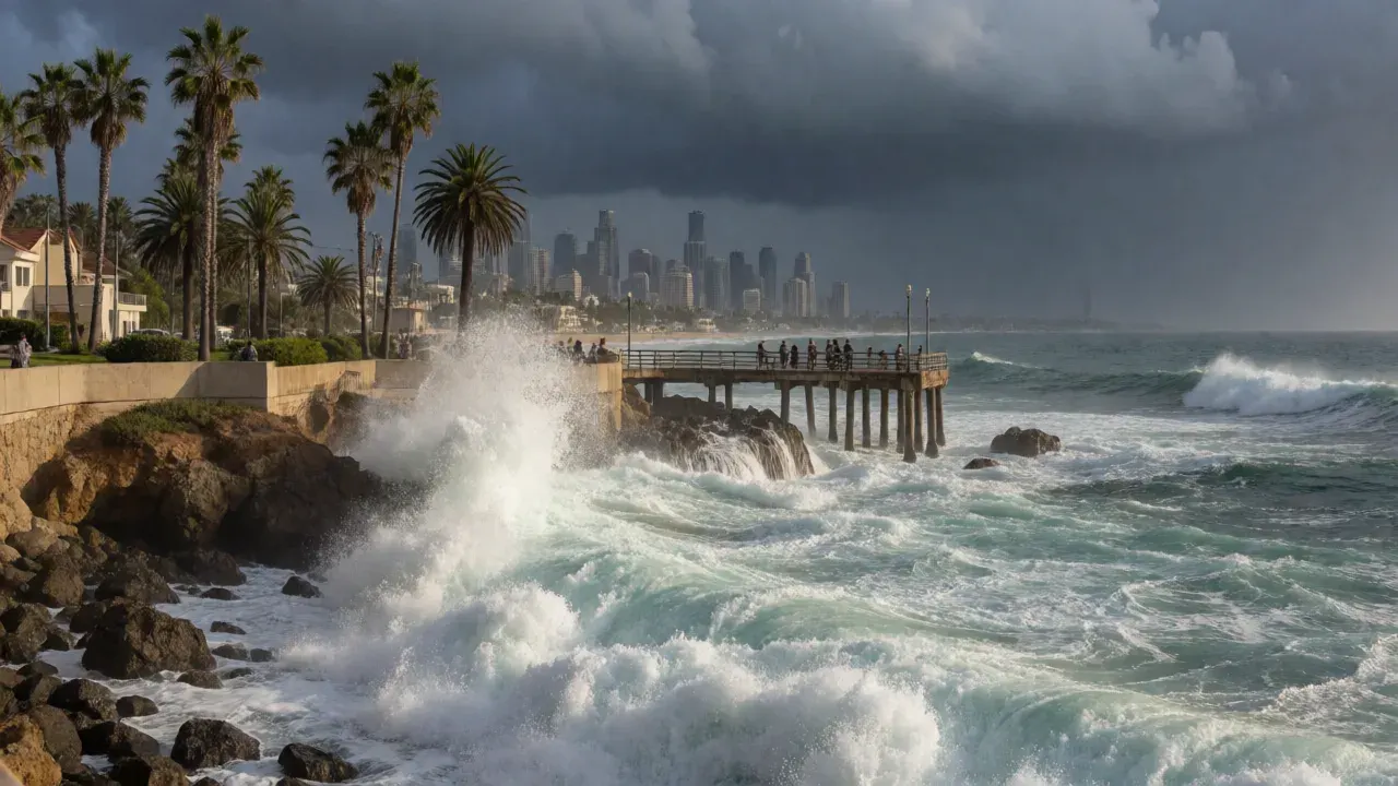 AI-generated illustration: Hurricanes Polo and Odalys to Send Powerful Waves to Southern California Coast. Not a photograph of the reported event.
