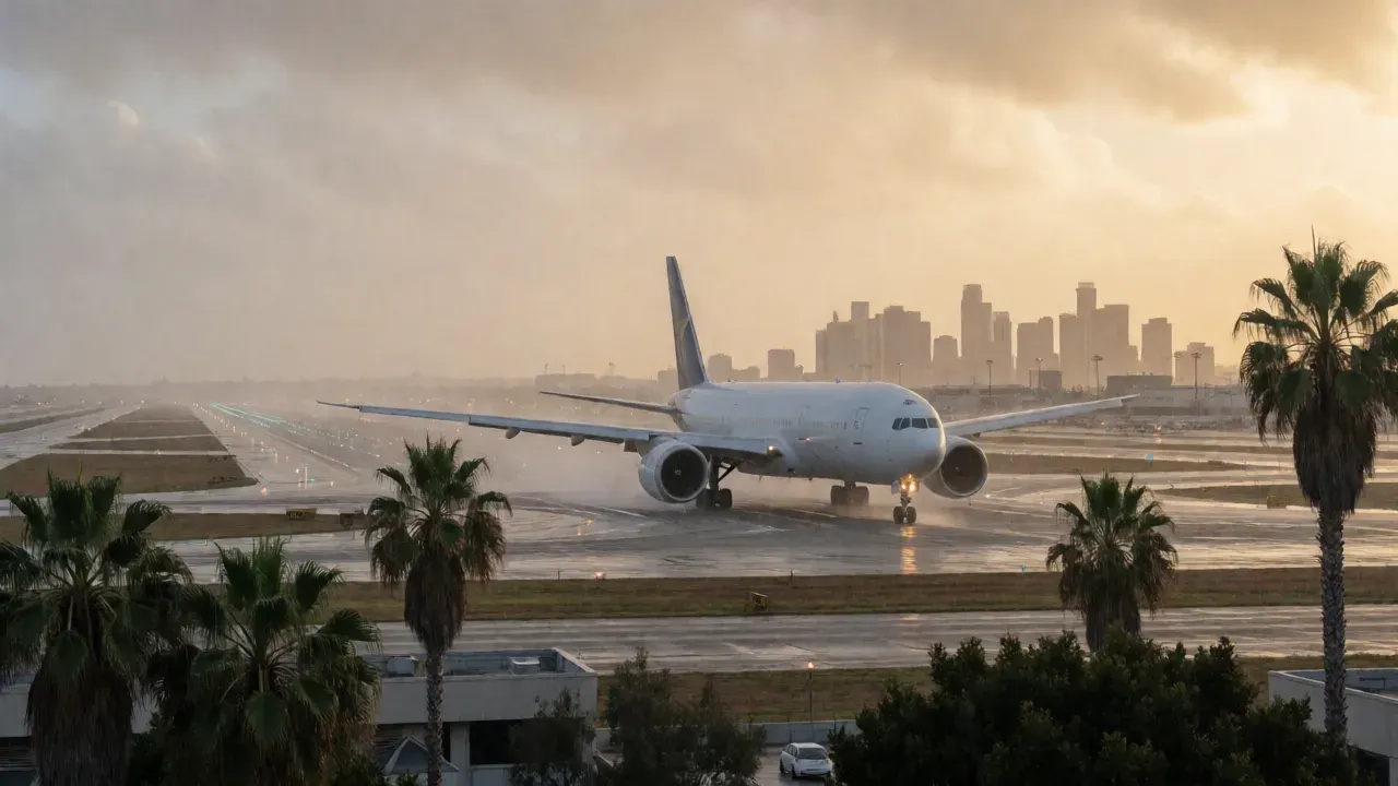 AI-generated illustration: Nor’easter Disrupts Flights Nationwide, Including LAX. Not a photograph of the reported event.