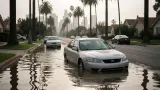 AI-generated illustration of a flooded residential street; not a photograph of this incident.