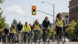AI-generated illustration: Portland’s Bike Buses Offer Relief from I-5 Disruptions. Not a photograph of the reported event.