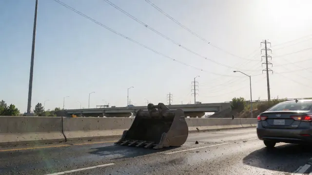 Loose Excavator Bucket Smashes East Sacramento Overpass Oil Sprays Car Behind