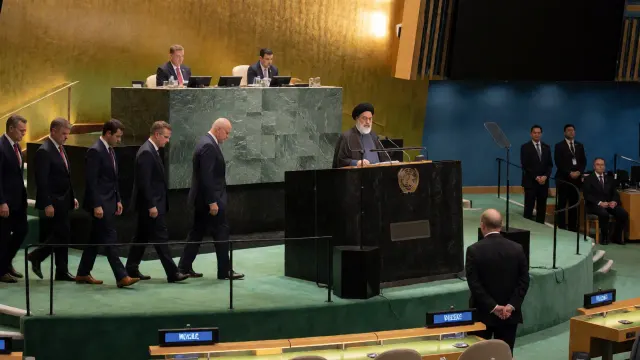 US delegation walks out as Iranian president tells UN country has been 'victim of terrorism' and 'cannot be made to surrender'