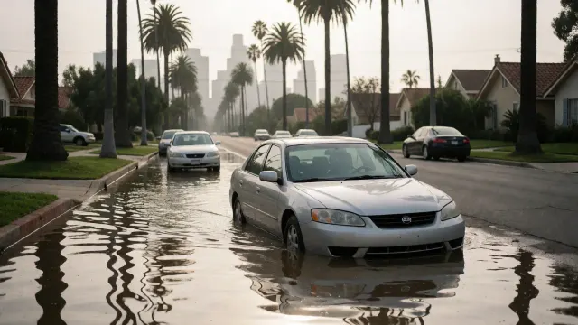 AI-generated illustration of a flooded residential street; not a photograph of this incident.